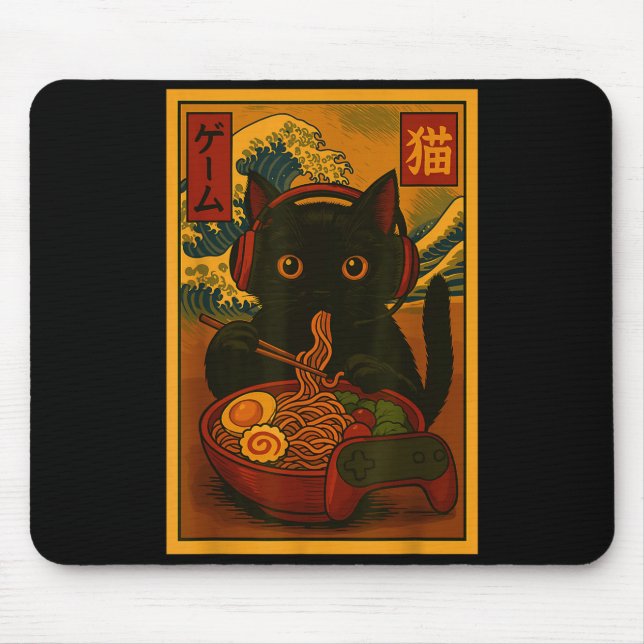 Gamer Cat Eating Ramen Japanese Style  Mouse Mat (Front)