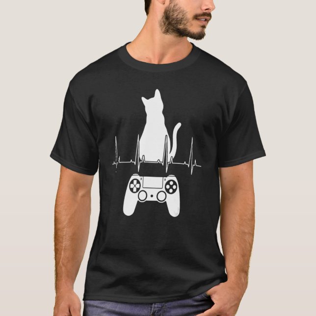 Gamer Cat Heartbeat Cat Animal  Video Game Player  T-Shirt (Front)