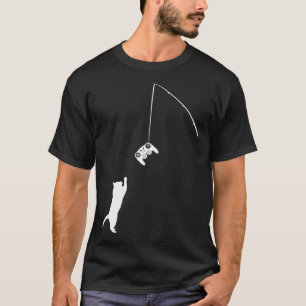 Gamer Cat jumping joystick on fishing rod Gaming p T-Shirt