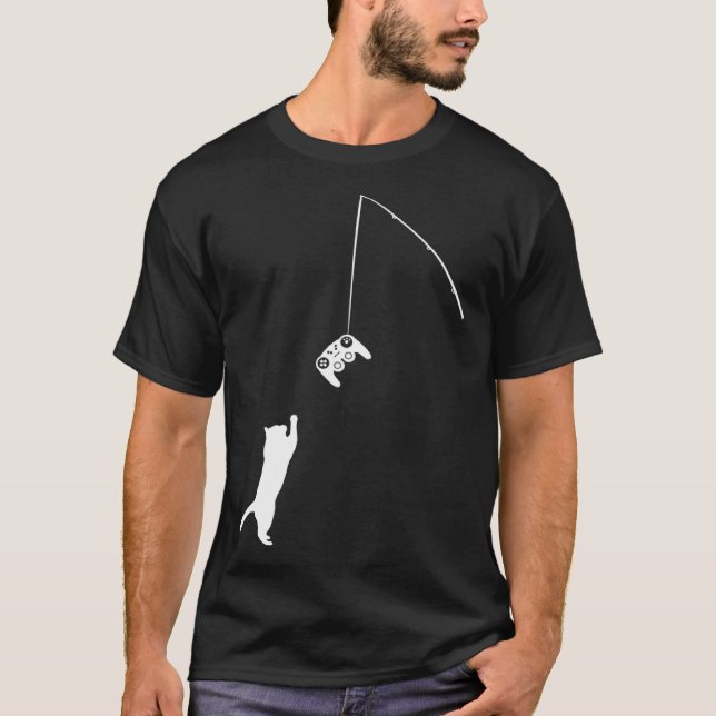 Gamer Cat jumping joystick on fishing rod Gaming p T-Shirt (Front)