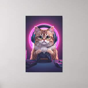 Gamer Cat Kids Canvas – Funny Cartoon Kitten Print