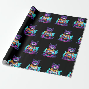 Gamer cat, kitten with game controller anime style wrapping paper