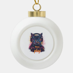 Gamer Cat Level Up Ceramic Ball Christmas Ornament
