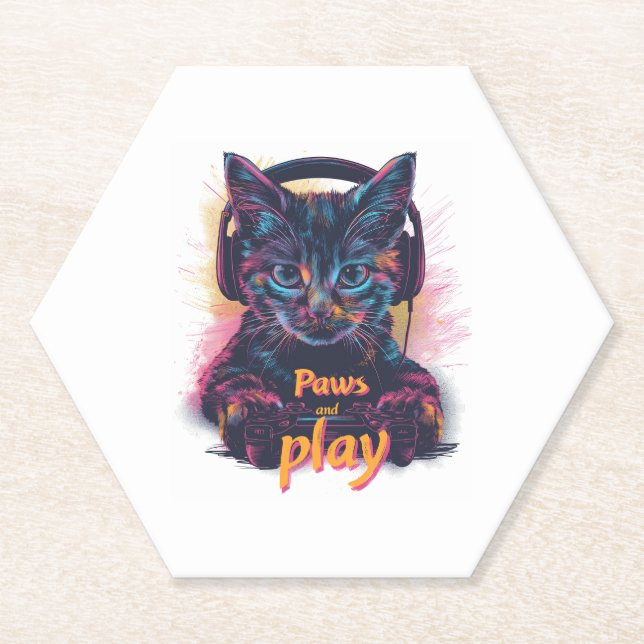 Gamer Cat Level Up Paper Coaster (Front)