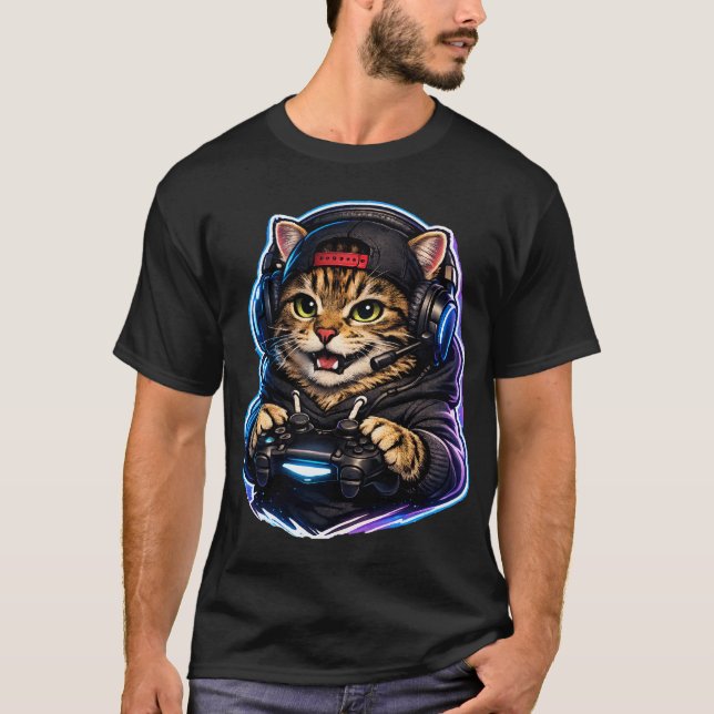 Gamer Cat T-Shirt – Neon Gaming Cat Controller Des (Front)