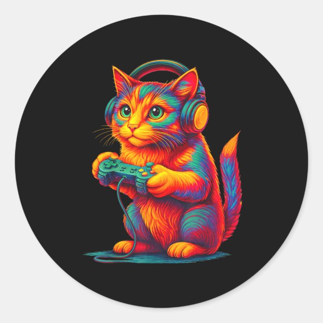 Gamer Cat Video Games Boys Teen Men Girls Funny Gi Classic Round Sticker (Front)