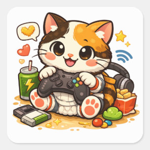Gamer Cat with Controller   Funny Gaming Cat Desig Square Sticker