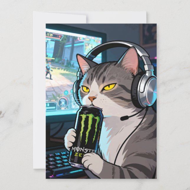 Gamer Cat with Monster Energy D Invitation (Front)