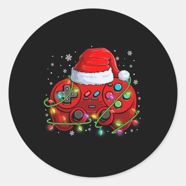Gamer Christmas Video Game Santa Hat Lights Gaming Classic Round Sticker (Front)
