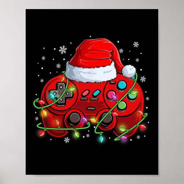 Gamer Christmas Video Game Santa Hat Lights Gaming Poster (Front)