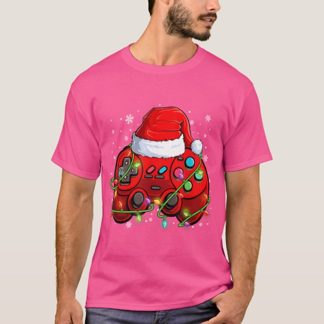 Gamer Christmas Video Game Santa Hat Lights Gaming T-Shirt (Front)