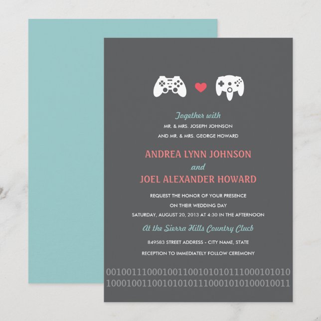 Gamer Controller Love Wedding Invites - Red & Grey (Front/Back)