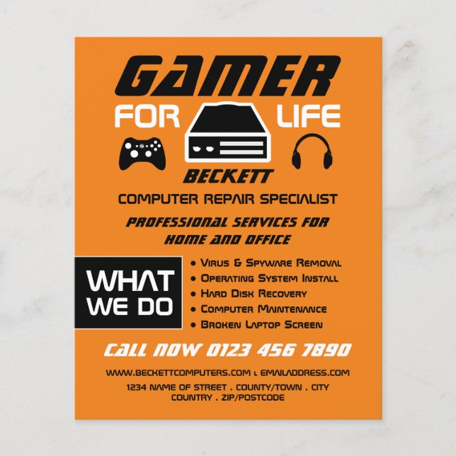 Gamer for Life, Computer Repair Specialist Advert Flyer (Front)