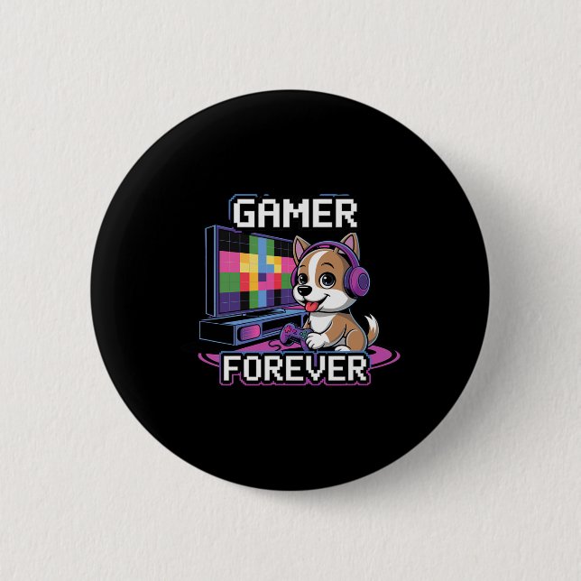 Gamer Forever – Cute Dog With Headset And Console  6 Cm Round Badge (Front)