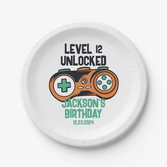 Gamer Gaming Level Unlocked Boys Birthday Party Paper Plate (Front)