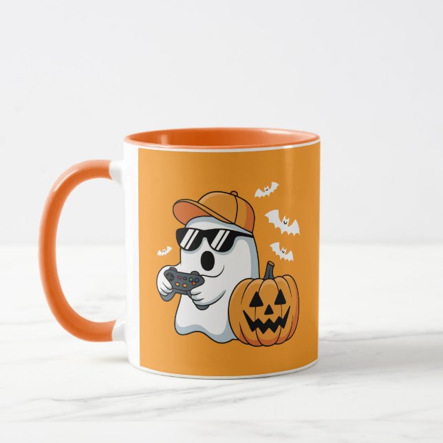 Gamer Ghost Pumpkin Controller Halloween Cool Mug (Left)