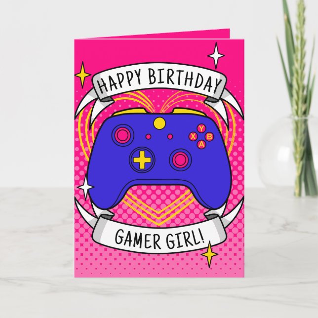 Gamer Girl Blue Controller Birthday Card (Front)