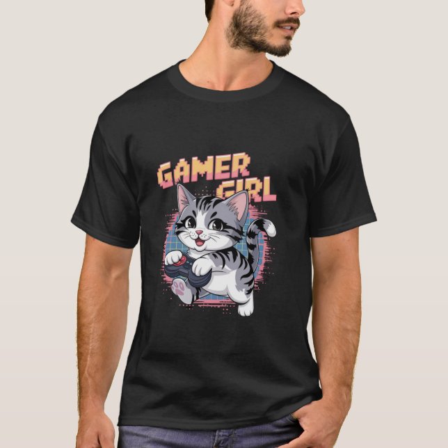 Gamer Girl Cat Cute Video Game Cat Girls T-Shirt (Front)