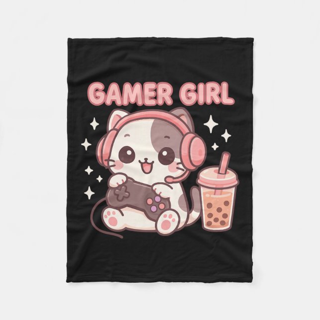 Gamer Girl Cat  Fleece Blanket (Front)