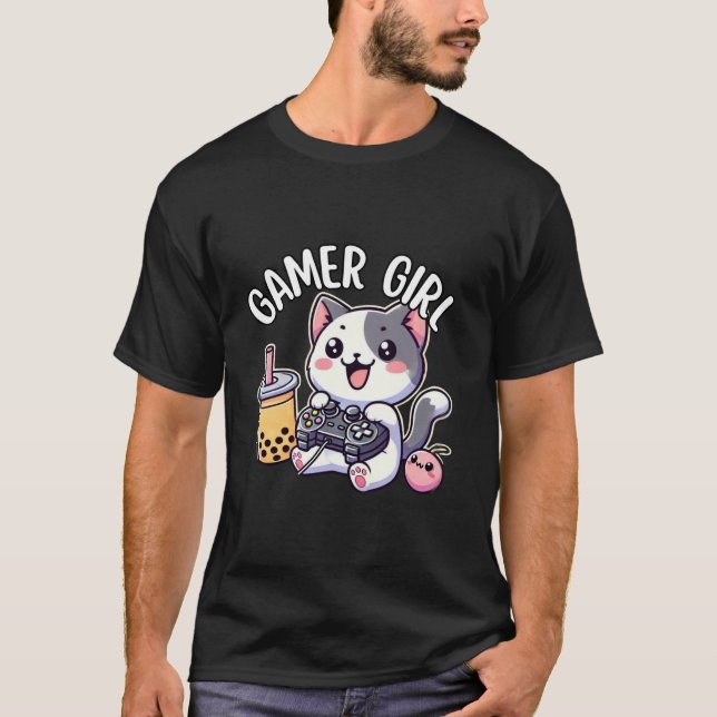 Gamer Girl Cat Gaming Cute Video Game Women Girls  T-Shirt (Front)
