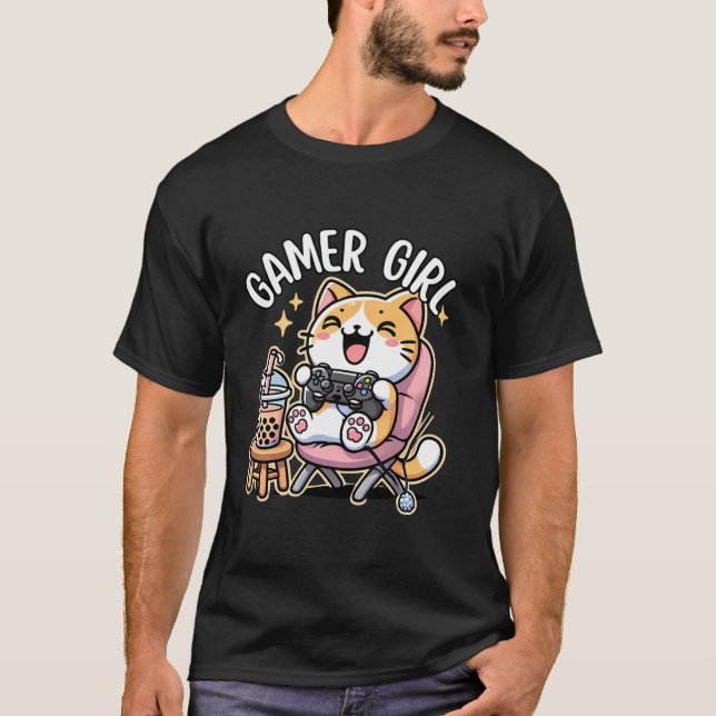 Gamer Girl Cat Gaming Cute Video Game Women Girls T-Shirt (Front)