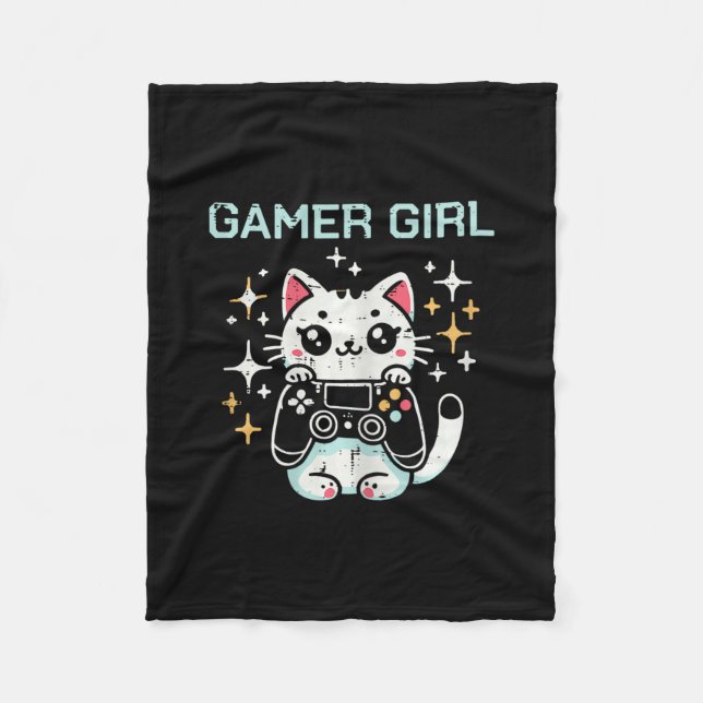 Gamer Girl Cat Kitten Cute Gaming Kitty Girls Kids Fleece Blanket (Front)