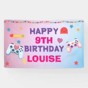 Gamer Girl Colourful Pink Video Game Birthday Banner