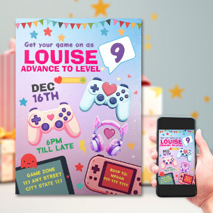 Gamer Girl Colourful Pink Video Game Birthday Invitation