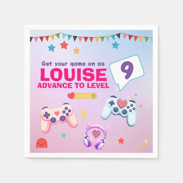 Gamer Girl Colourful Pink Video Game Birthday Napkin (Front)