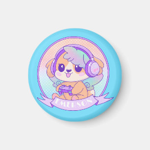Gamer Girl Kawaii Chibi Dog & Headphones Baby Blue Magnet
