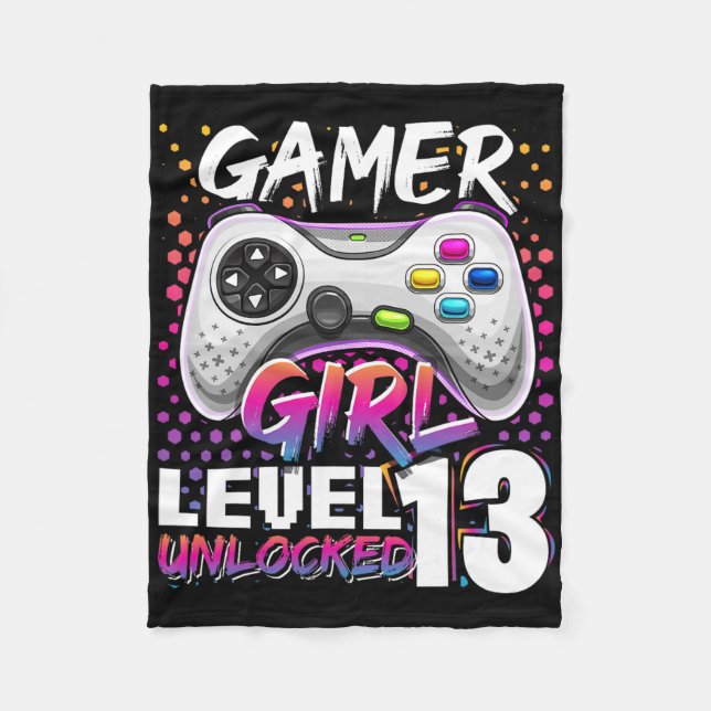Gamer Girl Level 13 Unlocked Video Game 13th Birth Fleece Blanket (Front)