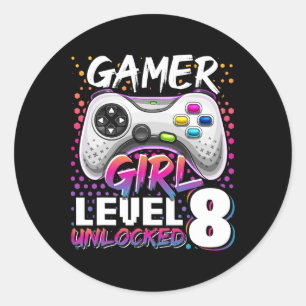Gamer Girl Level 8 Unlocked Video Game 8th Birthda Classic Round Sticker
