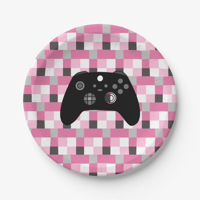Gamer Girl Pink Pixels and Black Birthday  Paper Plate (Front)