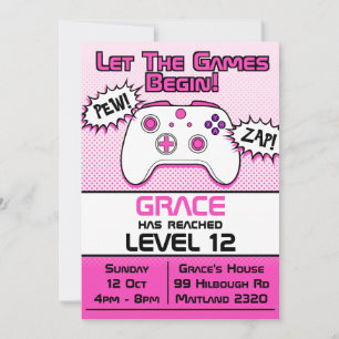 Gamer Girl Pink White Controller 12th Birthday Invitation