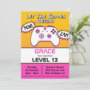 Gamer Girl Pink Yellow Controller 13th Birthday Invitation