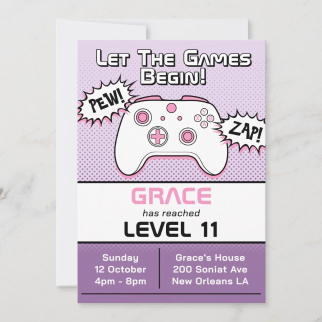 Gamer Girl Purple Controller 11th Birthday Invitation (Front)