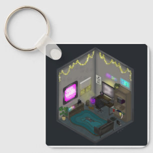 Gamer Girl Video Gaming Isometric Room Diorama Key Ring