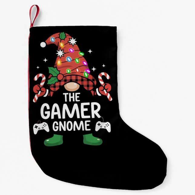 Gamer Gnome Buffalo Plaid Matching Family Xmas Small Christmas Stocking (Front)