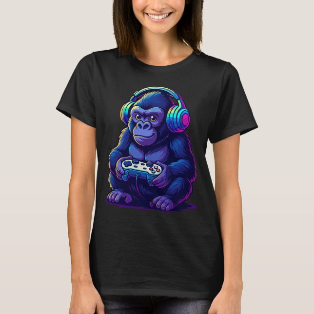 Gamer Gorilla with Headphones — Neon Gaming Vibes T-Shirt (Front)