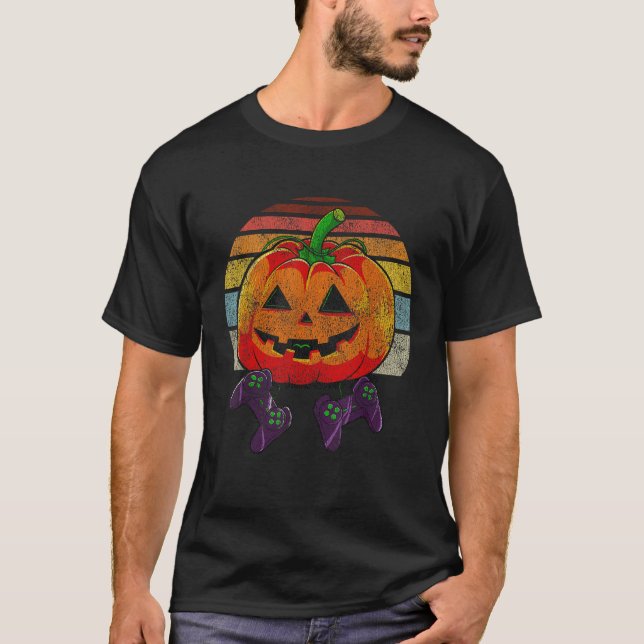 Gamer Halloween Retro Style Pumpkin Jack O Lantern T-Shirt (Front)