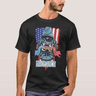 Gamer Holding The Joystick And America Flag 4th Of T-Shirt