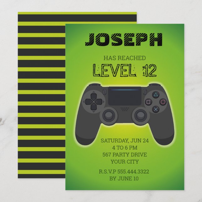 Gamer invitation, video game level up invitation (Front/Back)