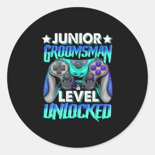 Gamer Junior Groomsman Level Unlocked Video Gaming Classic Round Sticker