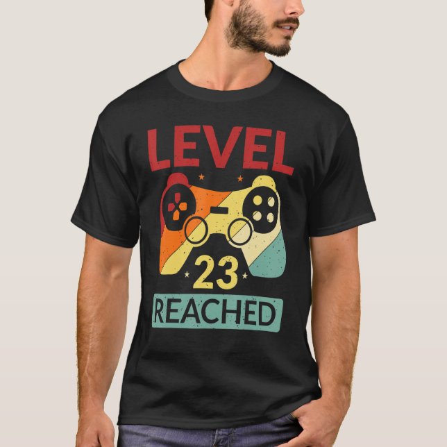 Gamer Level 23 Reached Funny 23rd Birthday T-Shirt (Front)