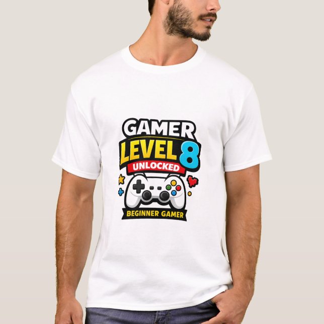 Gamer Level 8 Unlocked Beginner Controller Funny T-Shirt (Front)