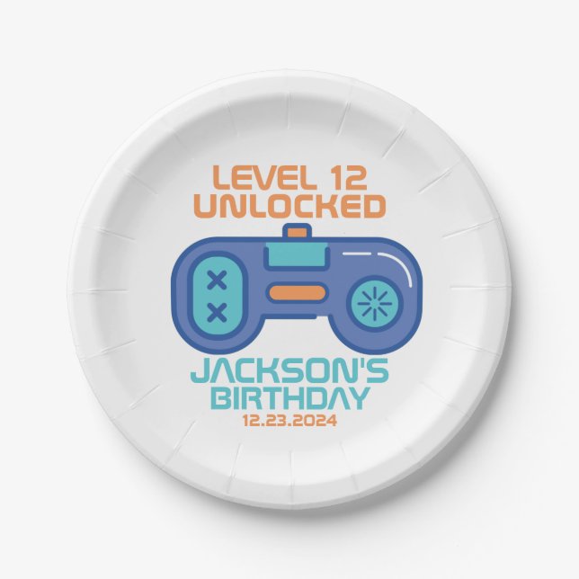 Gamer Level Unlocked Video Games Boy's Birthday Paper Plate (Front)