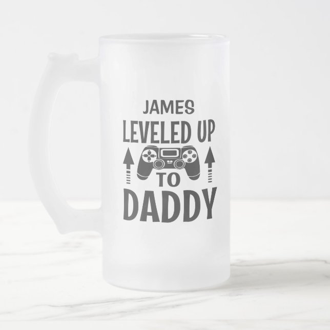 Gamer Levelled Up To Daddy Personalised Name Frosted Glass Beer Mug (Left)