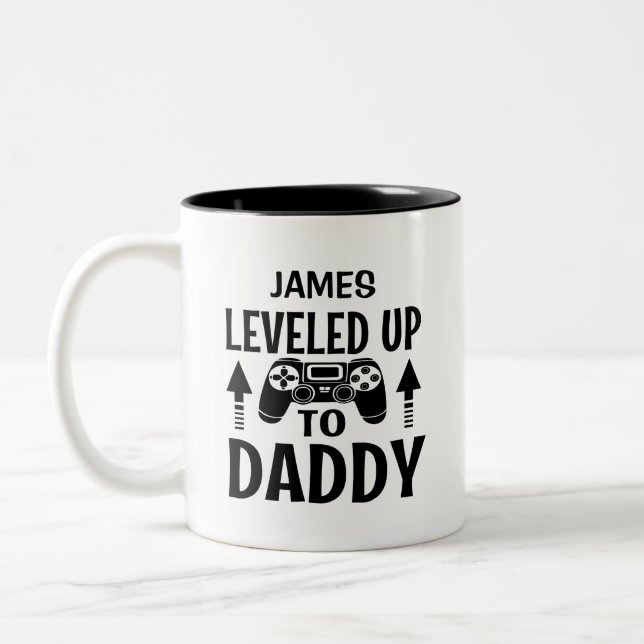 Gamer Levelled Up To Daddy Personalised Name Two-Tone Coffee Mug (Left)