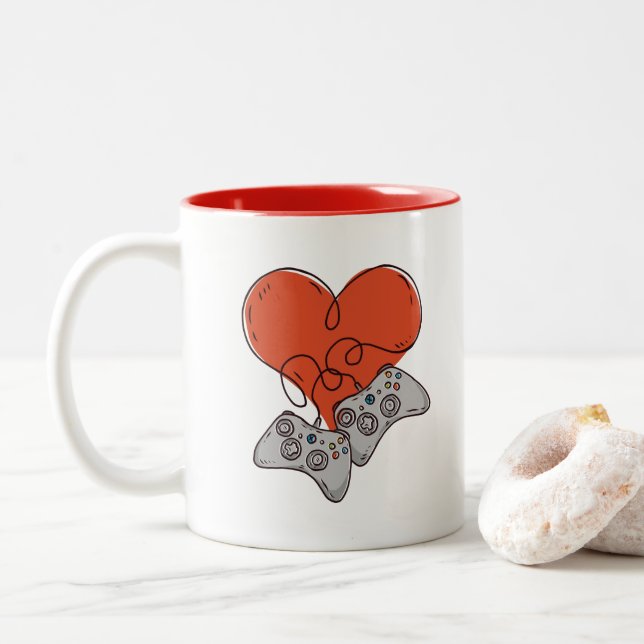 Gamer Love perfect for couples Two-Tone Coffee Mug (With Donut)