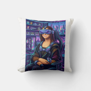Gamer Mona Lisa VR Headset Funny Cyberpunk Art Pri Cushion